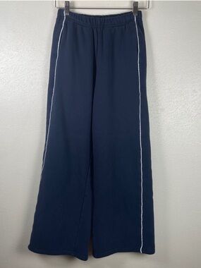 Edikted Navy Wide Leg Sweatpants with White Side Piping